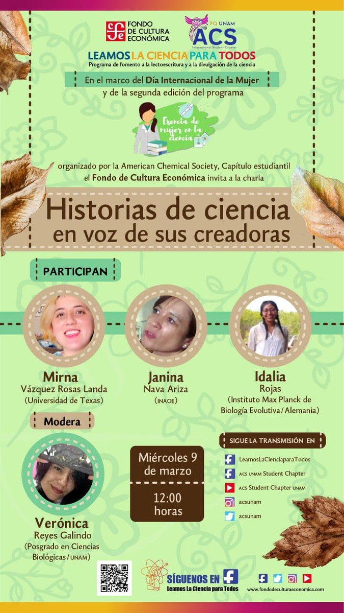 🔬 Acompáñanos a estas charlas maravillosas junto a mujeres admirables.🌷
Organizado por Fondo de Cultura económica y la American Chemical Society, Capítulo estudiantil.💫
💫Miércoles 9 de marzo 💫
12:00 hrs.
Sigue la transmisión por sus redes:<a href="/ACSUNAM/">ACS UNAM</a>
#EsenciaDeMujer #acsunam