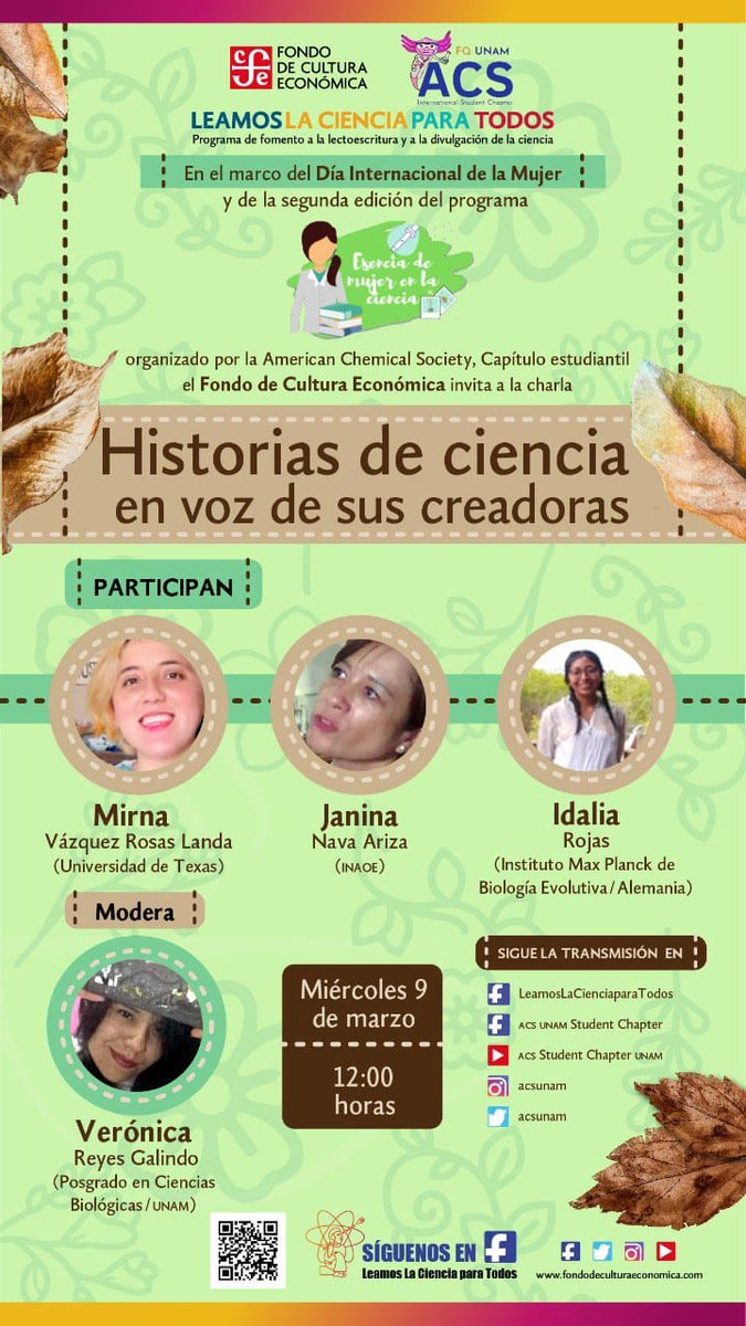 🔬 Acompáñanos a estas charlas maravillosas junto a mujeres admirables.🌷 Organizado por Fondo de Cultura económica y la American Chemical Society, Capítulo estudiantil.💫 💫Miércoles 9 de marzo 💫 12:00 hrs. Sigue la transmisión por sus redes:@ACSUNAM #EsenciaDeMujer #acsunam