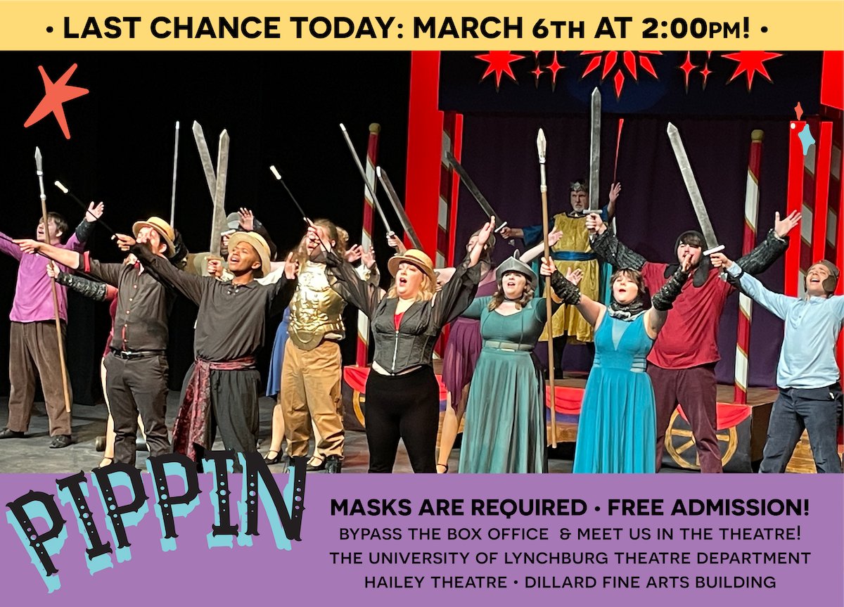 ULtheatredept's tweet photo. ✨TODAY at 2:00pm EST is the last performance of PIPPIN! See you at the box office!✨
HAILEY THEATRE • ALL INVITED • FREE ADMISSION!
Bypass the box office and come straight into the theatre!
• MASKS ARE REQUIRED • 😷
#universityoflynchburg #pippin #theatredept https://t.co/N3cIDgoYCZ