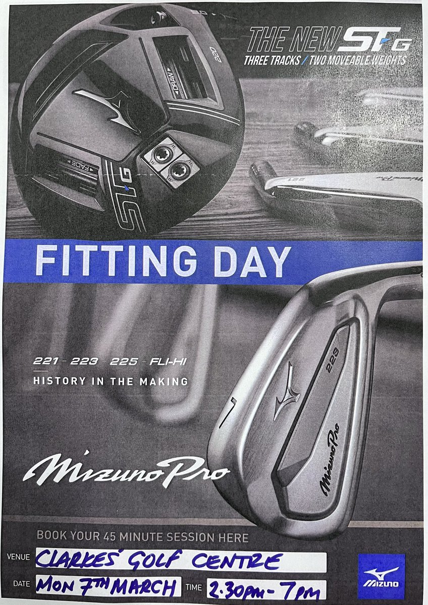 **MIZUNO PRO FITTING DAY** <a href="/ClarkesGolf/">Clarkes Golf Centre</a> <a href="/ClarkesFitting/">ClarkesCustomFitting</a> 

MONDAY 7th MARCH 2.30pm-7pm

New MP 221,223 and 225 irons are proving a huge hit. 

<a href="/MizunoGolfEU/">Mizuno Golf Europe</a> full club range available on the day. 

Call 01744 885294 to book in.