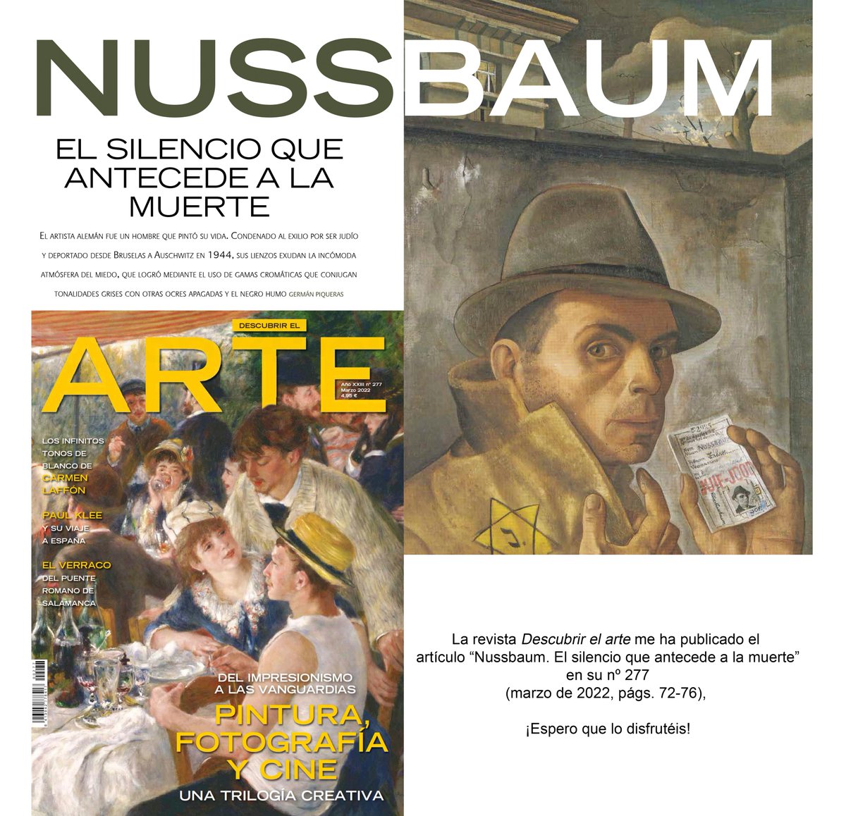 germanpiqueras's tweet photo. Crear en tiempos oscuros. "El silencio que antecede a la muerte. Felix Nussbaum", mi nuevo artículo para @DescubrirelArte (marzo 2022). Si lo leéis, espero que os guste! #descubrirelarte #germanpiqueras #felixnussbaum https://t.co/ENTb62IoET