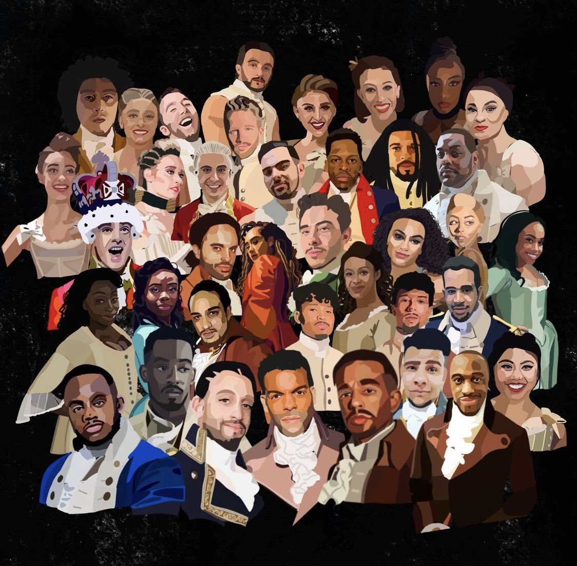 HamilFansLDN's tweet photo. Shout out to @charlottenlucas for this insane artwork of the current cast 😍😍😍 https://t.co/WR3lOcvaLP