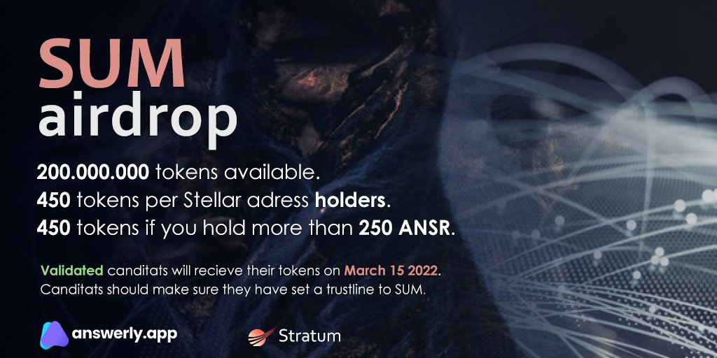 stratumdevelop's tweet photo. We have been preparing this Airdrop for a long time with @answerlyapp.

Join the Airdrop to claim your rewards.

To enter you shoud:
• Hold Stratum more than 100 SUM.
• Set trustline with ANSR.

Optional task:
• Retweet &amp; like this post (100 SUM).

$ANSR $SUM #Airdrop #Stellar https://t.co/Wou2TzA1Xm