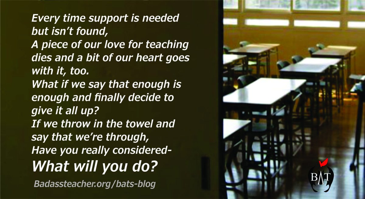 "When we choose to walk away from this profession that we love... 
Will you be able to catch all that we drop? 
Can you keep up with all that we do?" 
badassteacher.org/bats-blog/what… #TBATs <a href="/DianeRavitch/">Diane Ravitch 🇺🇸🇺🇦📚🌈🗽🌹🇨🇱❤️</a> <a href="/NYStateBATs/">NYStateBATs</a> <a href="/NJBatsa/">NJ Bats</a> <a href="/VirginiaBATs/">Virginia BATs</a> <a href="/OhioBATs/">Ohio BATs</a> <a href="/PennBat/">PA BATs R Pro Charter Reform</a> <a href="/MIBATS/">Michigan BATS</a> #PublicSchools