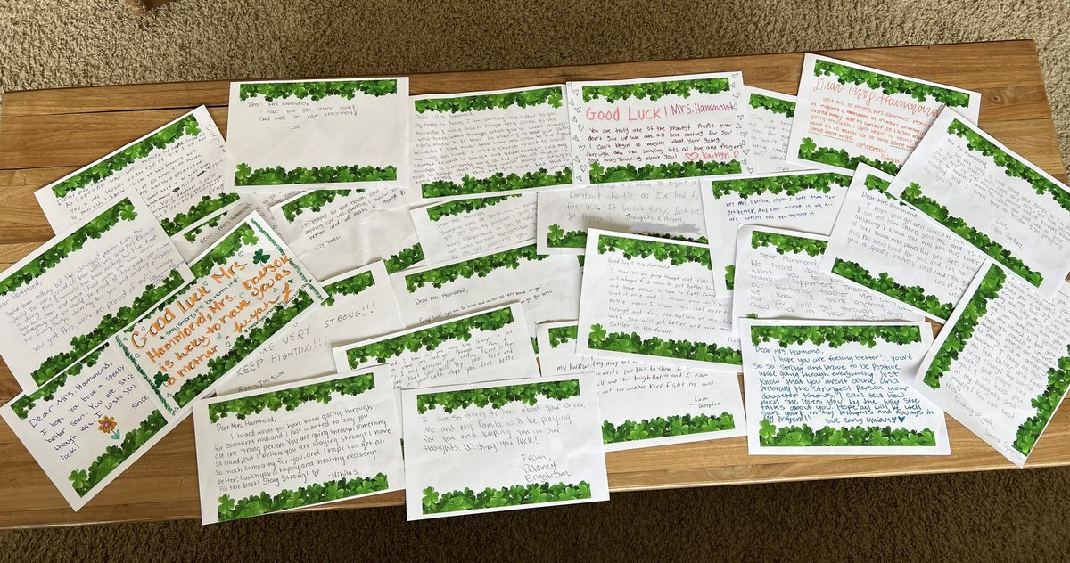 My students wrote encouraging “Good Luck” notes to my mom battling cancer. 🍀💗 Their words were heartfelt and revealed some of their own battles. So wise for 14 yr olds. #iloveteaching #futurelooksbright #cancersucks #berkshirestrong #iteach8th Go out & use your voice for GOOD!