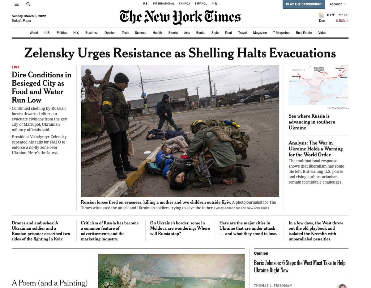 3. <a href="/nytimes/">The New York Times</a> editors have made an important decision to put the photo by <a href="/lynseyaddario/">lynsey addario</a> on the home page. Again, Russian forces fired mortar shells at hundreds of Ukrainian civilians as they fled. A mother and her two children were killed here. This is happening across Ukraine.