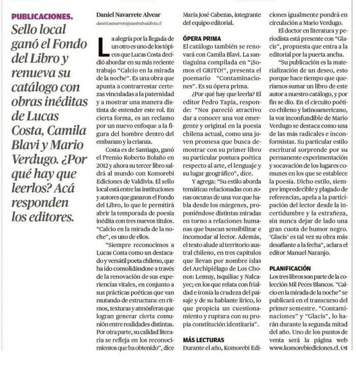 komorebiedicion's tweet photo. En la edición de hoy del Diario Austral de Los Ríos salió esta nota, escrita por el periodista Daniel Navarrete, donde damos a conocer como primicia algunos de los títulos que publicaremos este año 🔥🔥🔥
No se la pierdan!
#KomorebiEdiciones #Valdiviacl https://t.co/o0WkuXQazp