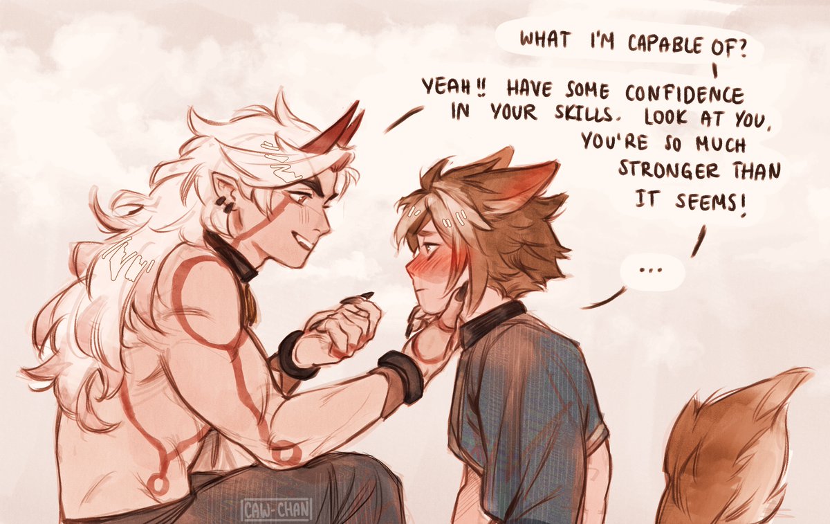 cawiechan's tweet photo. I caved and did a part 2 😌 Itto knows how to cheer people up 💪(and make them flustered but that’s unintentional)
#GenshinImpact #itto #gorou #ittorou https://t.co/zKhAoEoj3K
