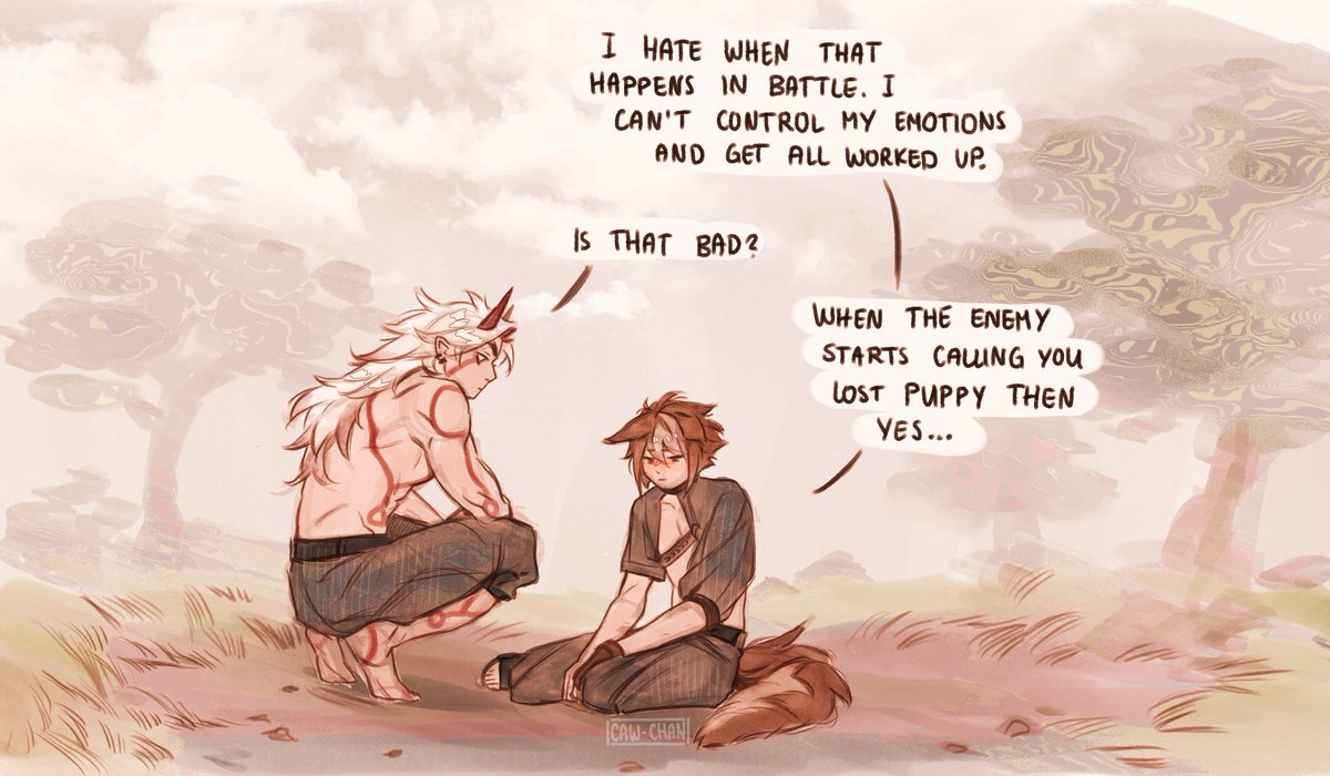 cawiechan's tweet photo. I caved and did a part 2 😌 Itto knows how to cheer people up 💪(and make them flustered but that’s unintentional)
#GenshinImpact #itto #gorou #ittorou https://t.co/zKhAoEoj3K