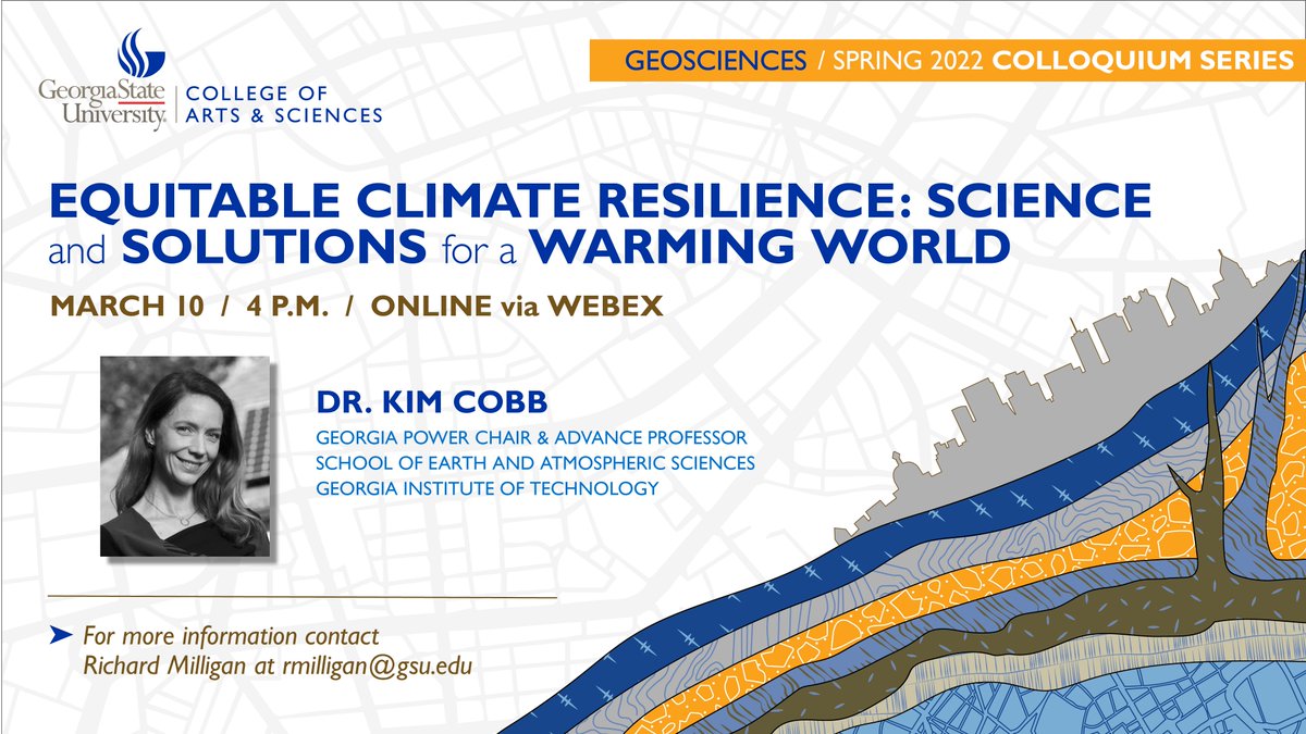 GSUGEOS's tweet photo. This week we’re thrilled to be hosting Dr. Kim Cobb @coralsncaves from just up the street at @GeorgiaTechEAS for our last colloquium before spring break! 

Join us at 4pm this Thursday, 3/10 to hear about Dr. Cobb’s work on equitable climate resilience! https://t.co/deHyyLjurn