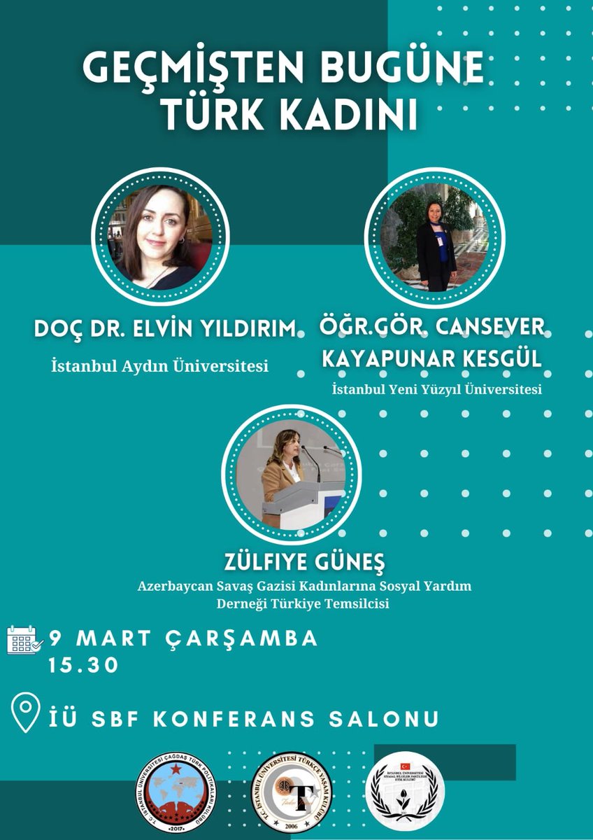 eetikkulubu's tweet photo. Sevgili arkadaşlar,
9 Mart Çarşamba günü Fakültemizin konferans salonunda birbirinden değerli kadın akademisyenlerimizle gerçekleştireceğimiz, "Geçmişten Bugüne Türk Kadını" adlı konferansızıma hepiniz davetlisiniz.

📆 9 Mart Çarşamba
🕜 15.30
📌SBF Konferans Salonu 
@IU_Siyasal https://t.co/ERzxuMA3J3