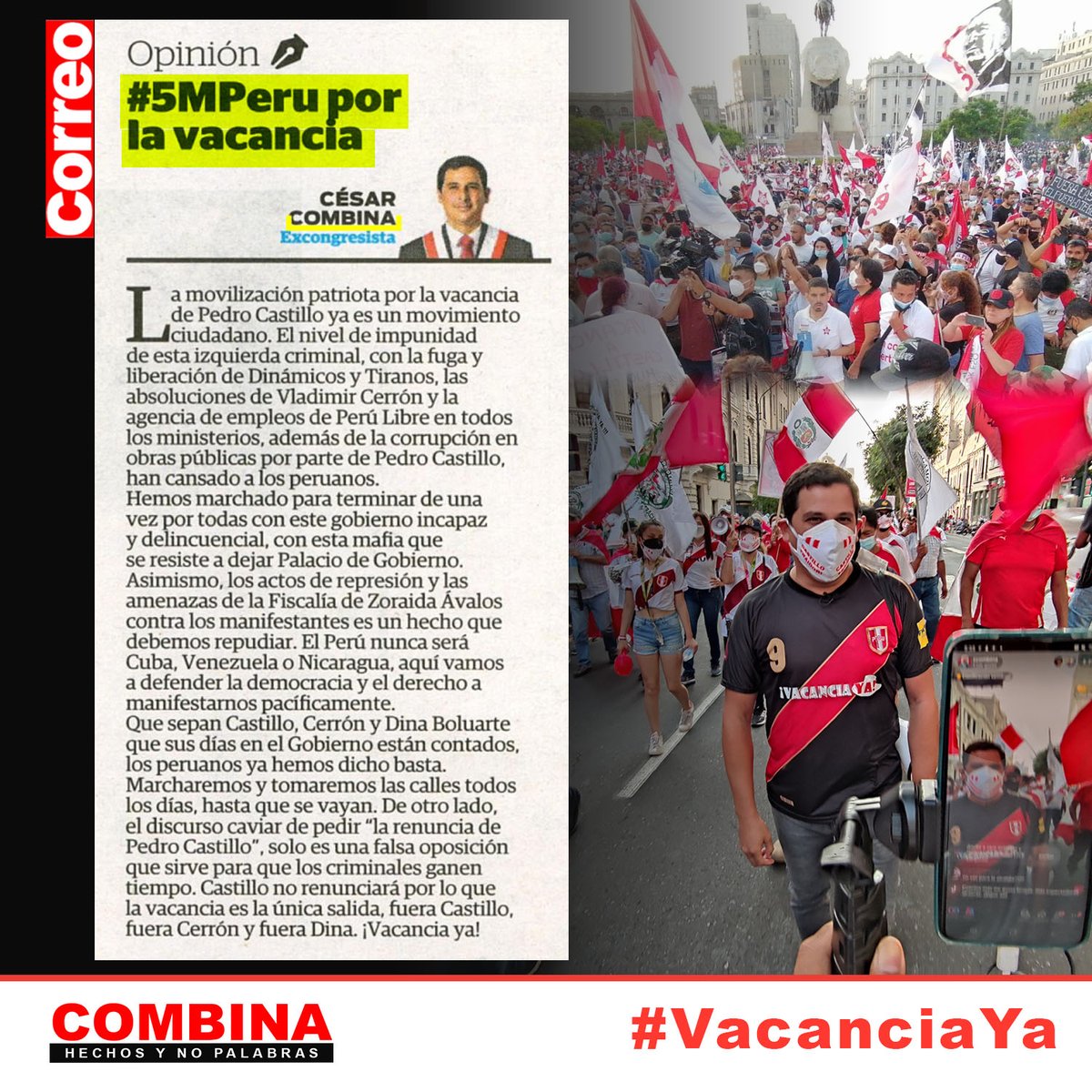 cesarcombina's tweet photo. "El discurso caviar de pedir “la renuncia de @PedroCastilloTe, solo es una falsa oposición que sirve para que los criminales ganen tiempo. Castillo no renunciará por lo que la #VacanciaYa es la única salida".
Les comparto mi columna en @diariocorreo
#MarchaPorLaVacancia #Marcha5M https://t.co/bcgRMPv1c6