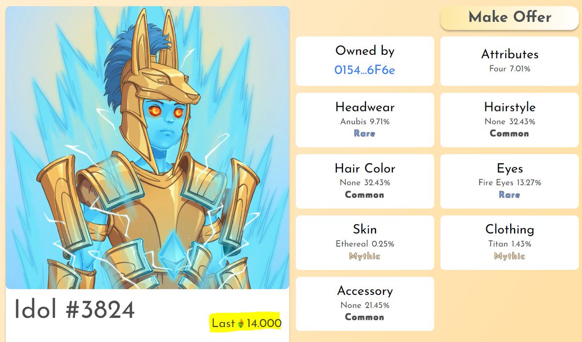 WOW! 12 hours post launch and we've already seen a 14 ETH sale of an Ethereal on theidols.io/marketplace

Good pickup 🥳