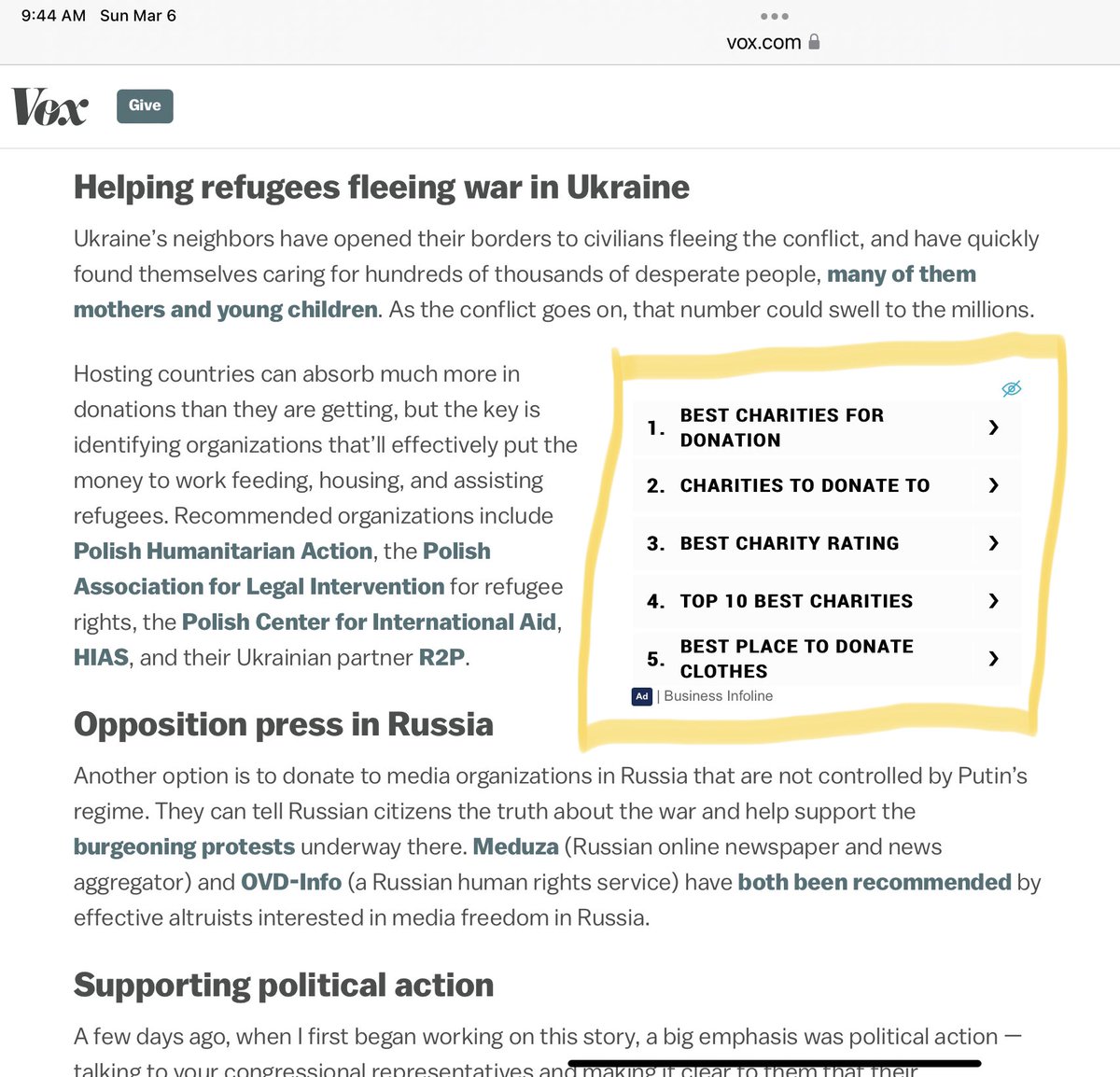ZetteMack's tweet photo. @voxdotcom I understand the need for advertising to support journalism. But I believe media should exercise some discretion in ad placement. This one clearly wants to get clicks from people motivated to be charitable, &amp; links to legit Ukraine aid orgs are not easy to see in the article. https://t.co/nX9KkGcjlo