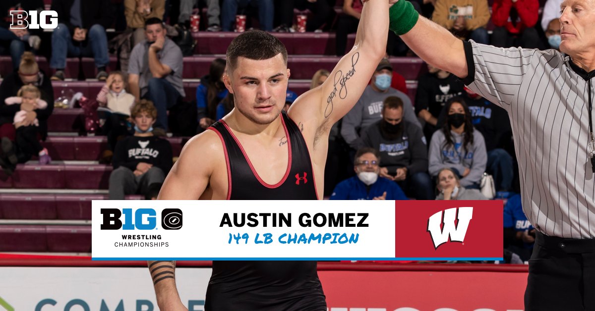 B1GWrestling's tweet photo. No. 2 Austin Gomez of @BadgerWrestling is your champion at 149 lbs. following a 8-5 win vs. defending champion No. 1 Sammy Sasso. Gomez is the first #Badger to claim the 149 title! #B1GWrestle https://t.co/NBew0uGNRj