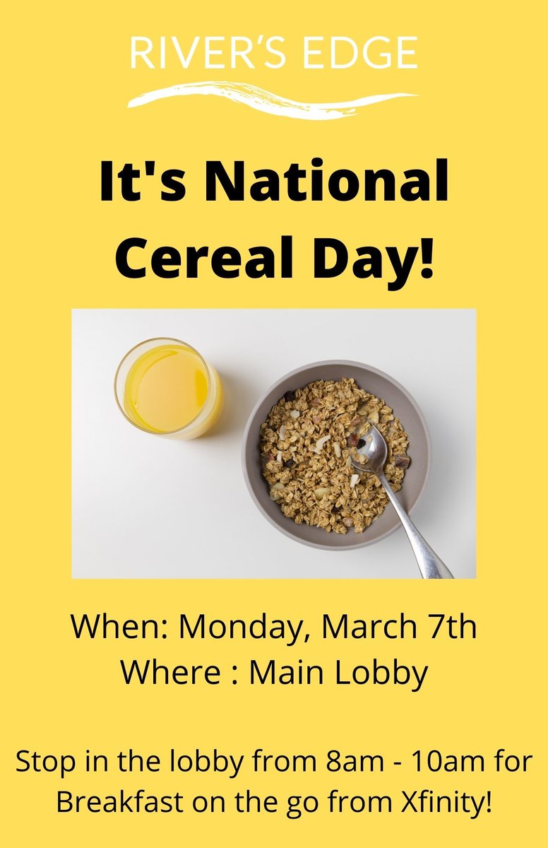 Tomorrow is National Cereal Day and Xfinity is hosting a breakfast on the go in our lobby. Swing by to grab something on your way out. We look forward to seeing you.
#riversedge #nationalcerealday #breakfastonthego #livelovelincoln