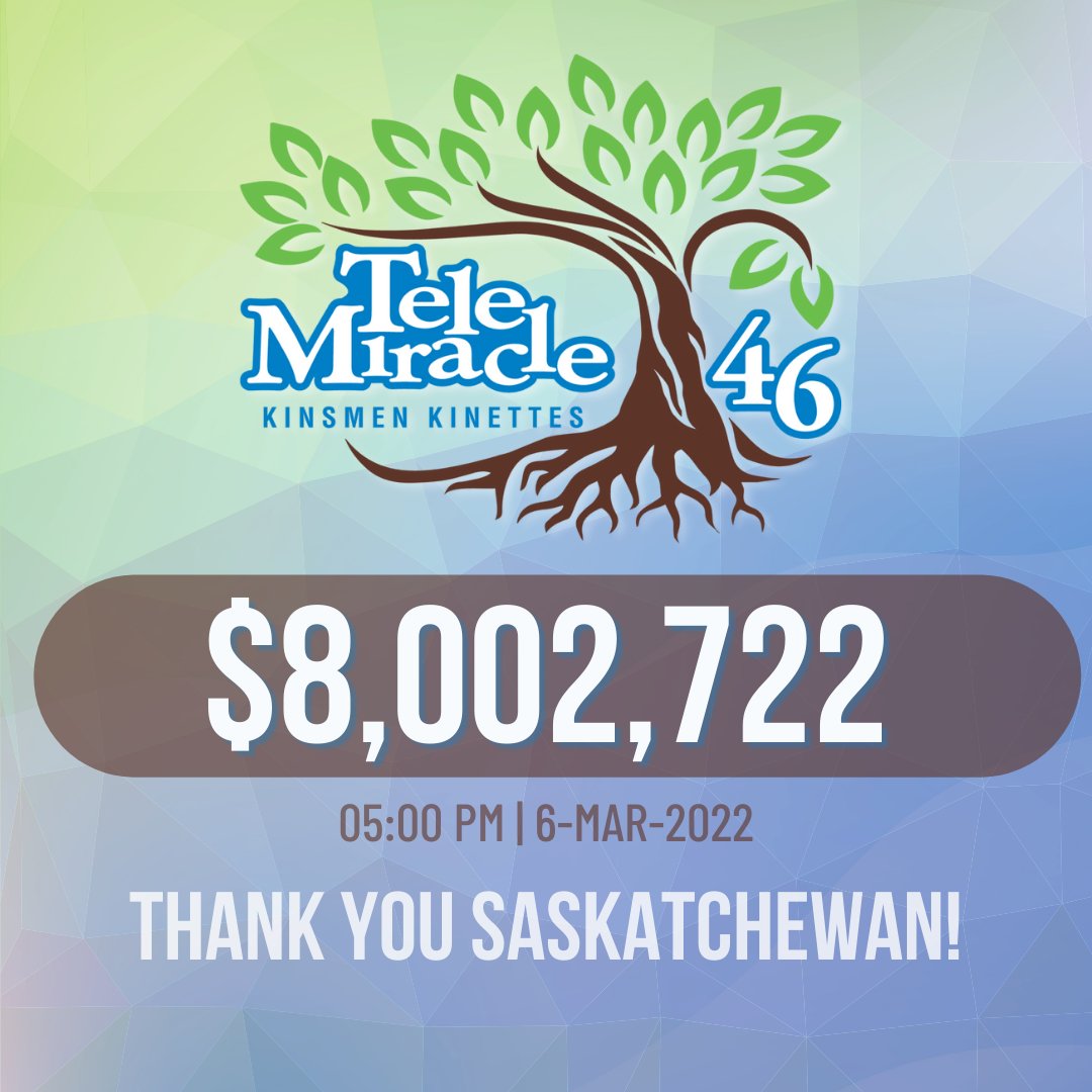 The final total is on the toteboard!

$8,002,722

Eight million two thousand seven hundred and twenty-two reasons to say thank you Saskatchewan!

#TM_46 #RootedinSK #THANKYOU