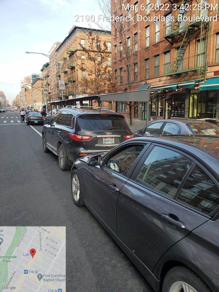 The driver 0048KGD blocked the bike lane near 2202 Frederick Douglass Blvd on March 6. This is in Manhattan Community Board 10 #mancb10 & #NYPD28. #VisionZero #BlockedBikeNYC https://t.co/2YR3KEQcTS