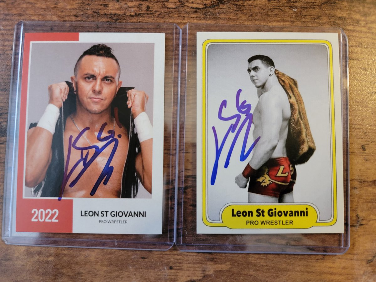 wrestlingcards's tweet photo. Thanks to @LeonStGiovanni for signing my cards at @ESWWrestling #SpringBreakDown. #ESW #ROH #WrestlingTradingCards https://t.co/Y2E42sZwy5