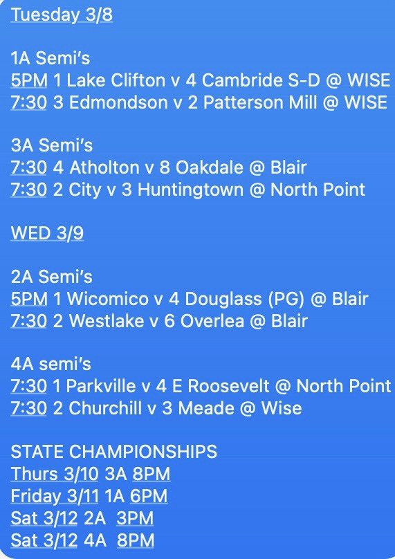 MARYLAND STATE SEMIFINALS &amp; FINALS schedule for this week…
State championship at UMD.