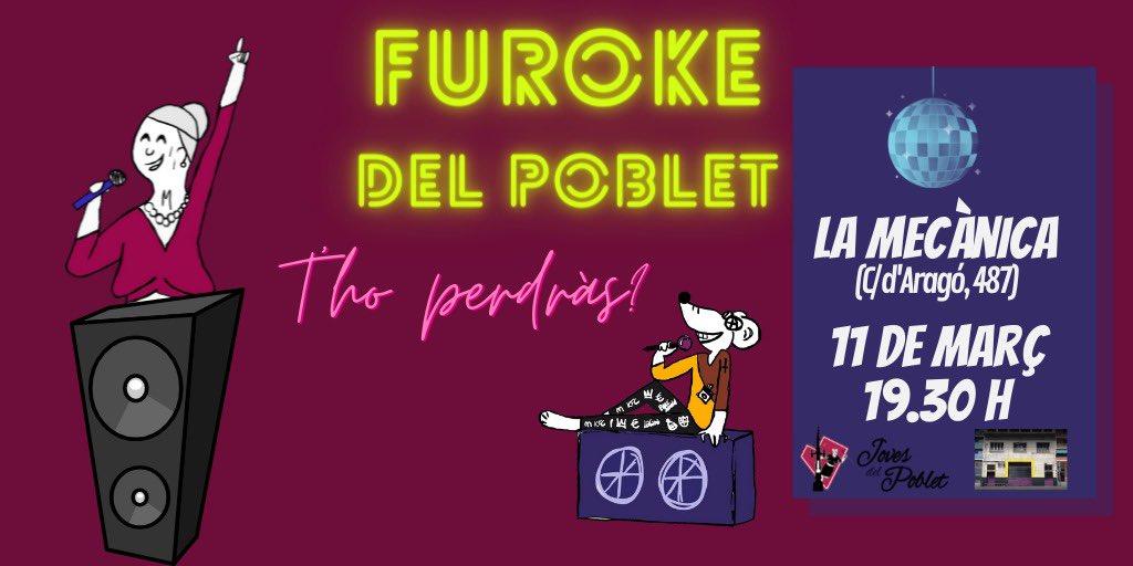 Ens trobàveu a faltar? Divendres 11 de Març tornem amb una activitat que no us podeu perdre.💥
Us presentem el Furoke del Poblet. Estarem a La Mecànica a partir de les 19:30h per sentir tot el vostre talent.
No sigueu rates i animeu-vos a participar, us hi esperem!🐭