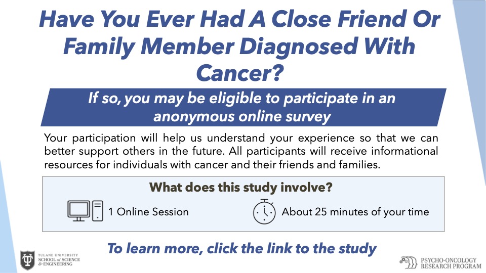 BrennaMossman's tweet photo. Our lab @Psych_Onc is recruiting participants for an online survey of adults who have ever had a close friend/family member with #cancer

To participate: https://t.co/CpNYhGwqxg

Please RT &amp; share! 
#CancerResearch #Caregivers #Caregiving https://t.co/yMbRGKCqgy