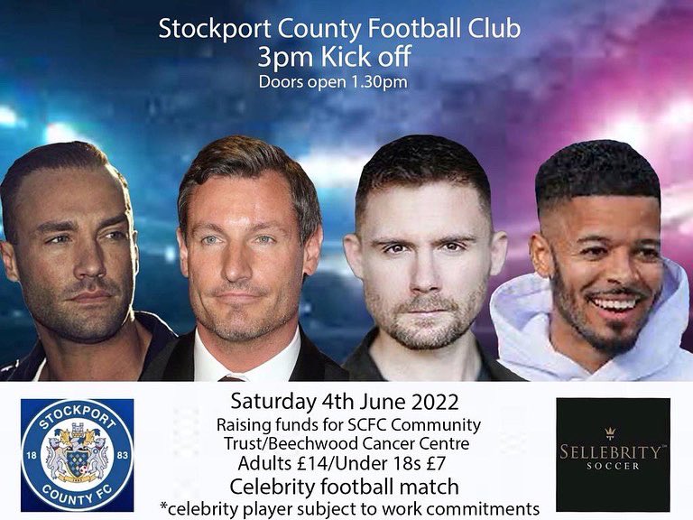 Sellebrity_UK's tweet photo. 📆 SAT 4TH JUNE 2022

Gogglebox/Dirty Dancing star @TomMaloneJr has been added to the celebrity teams for our huge celebrity match at @StockportCounty 

Raising funds for @beechwoodccc  @SCFCCommunity 

Sponsors @lynxtaxis @OdinRec ⚽️

Book your tickets https://t.co/xEl9DUz9rk ⚽️ https://t.co/KNhokTunYi