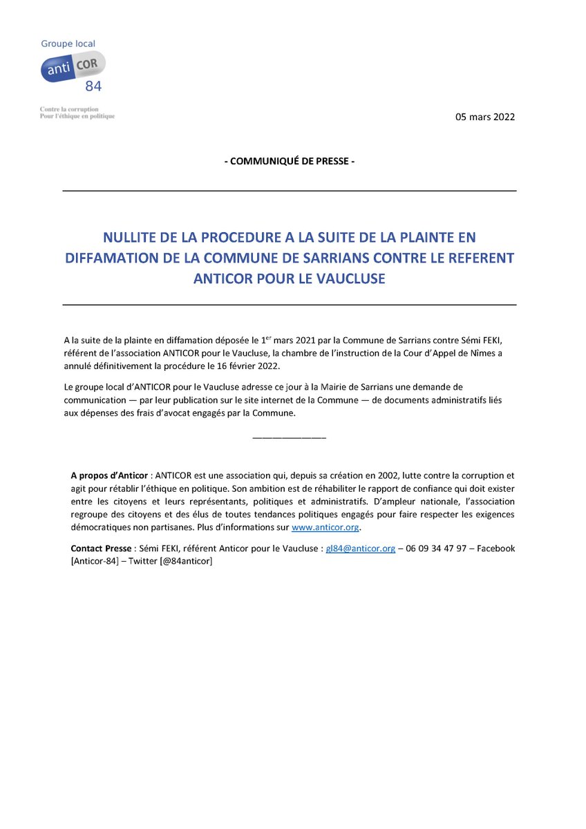 84Anticor's tweet photo. NULLITÉ DE LA PROCÉDURE A LA SUITE DE LA PLAINTE EN DIFFAMATION DE LA COMMUNE DE SARRIANS CONTRE LE RÉFÉRENT ANTICOR POUR LE VAUCLUSE https://t.co/HhkeMyz4b5