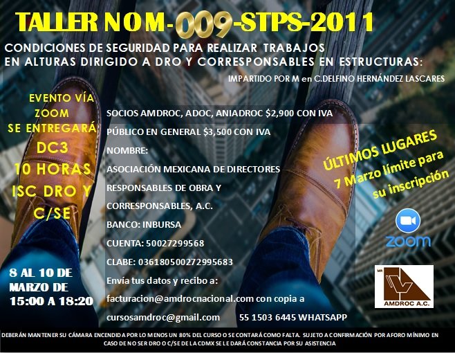 AmdrocAc's tweet photo. ¡Últimos.lugares! ¡Iniciamos el martes! NOM-009-STPS-2011 Minimiza #riesgos #heridos y #accidente en alturas Son 10 hr actualizazión ISC DRO y C/SE. Se les entregará constancia de asistencia, y formato DC3  
Mayores informes;
cursosamdroc@gmail.com #ProteccionCivil #construccion https://t.co/Lzl0X7xNJ2