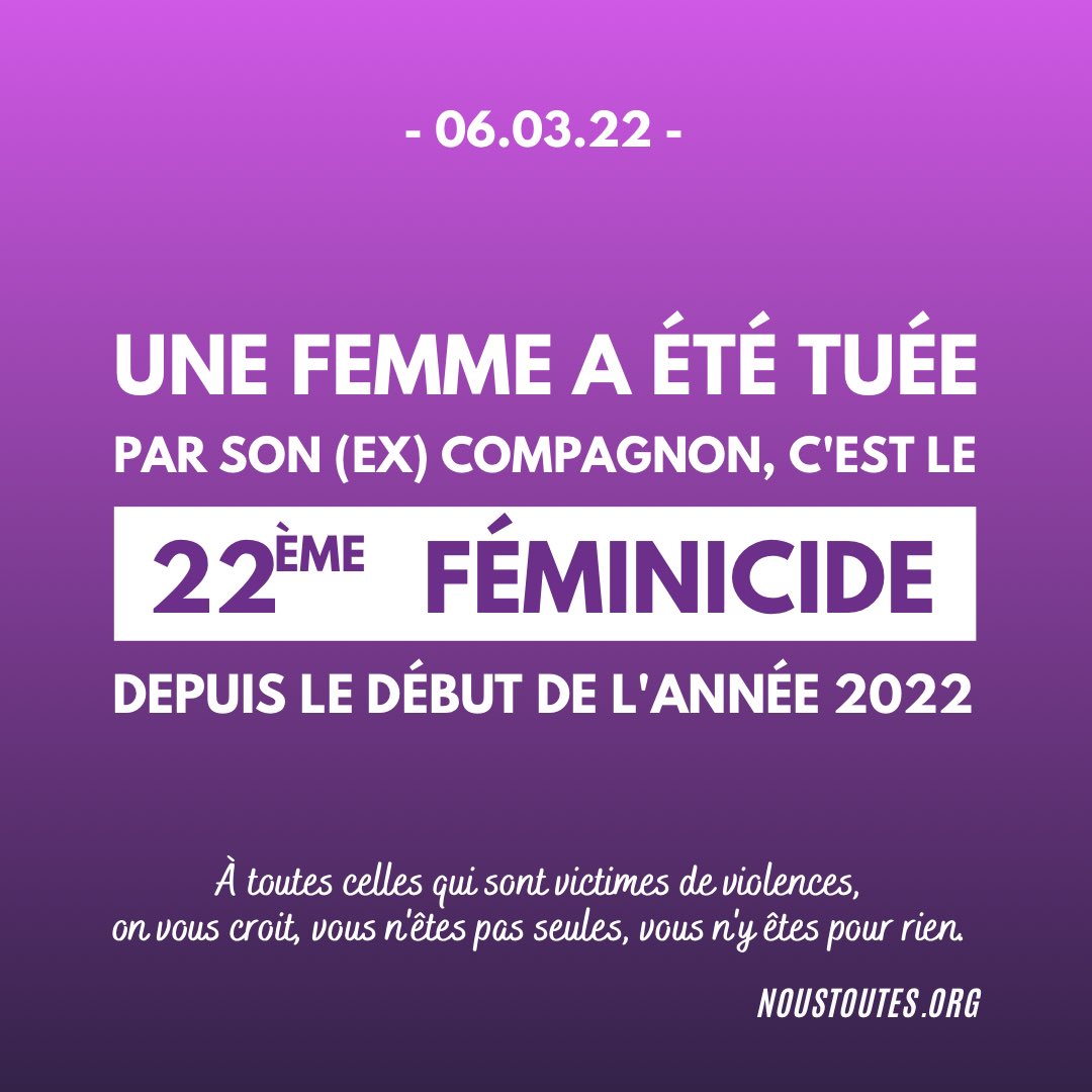 Vendredi 4 mars à Sainte-Marie (974), une femme, mère de 2 enfants, a été tuée par son conjoint.

C’est le 22ème féminicide de l’année.

Elle avait porté plainte le 23 février. Ce système ne fonctionne pas et ne protège pas les femmes.

Source : ipreunion.com/actualites-reu… <a href="/ipreunion/">Imaz Press Réunion 🇷🇪</a>