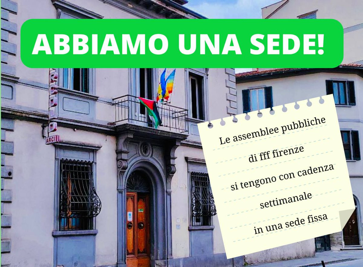 fffFirenze's tweet photo. ABBIAMO FINALMENTE UNA SEDE FISSA!

🗓 Le assemblee si Fridays For Future Firenze si tengono ogni sabato dalle 15.00 alle 16.00/16.30 al circolo @arciportalprato, in via delle Porte Nuove 33. 

Le assemblee di fridays for future sono pubbliche e aperte a tutti. 
(1/2) https://t.co/mcxmyW6df3