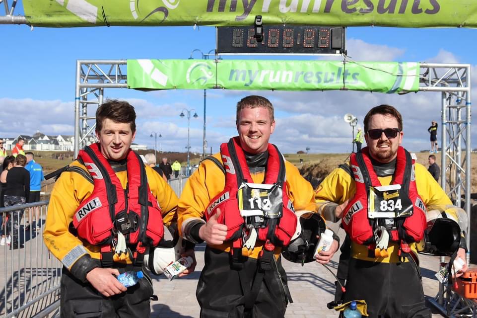 Atlantic85's tweet photo. That feeling of crossing the line! Huge well done to our crew members Chris Fox, Brian Fowley and Paul Gallagher who completed the #Bundoran10 mile event yesterday walking the course in just over 3 hours in full kit! Over €5.5k raised for us! @rnli https://t.co/AIdJ0A7Ki0