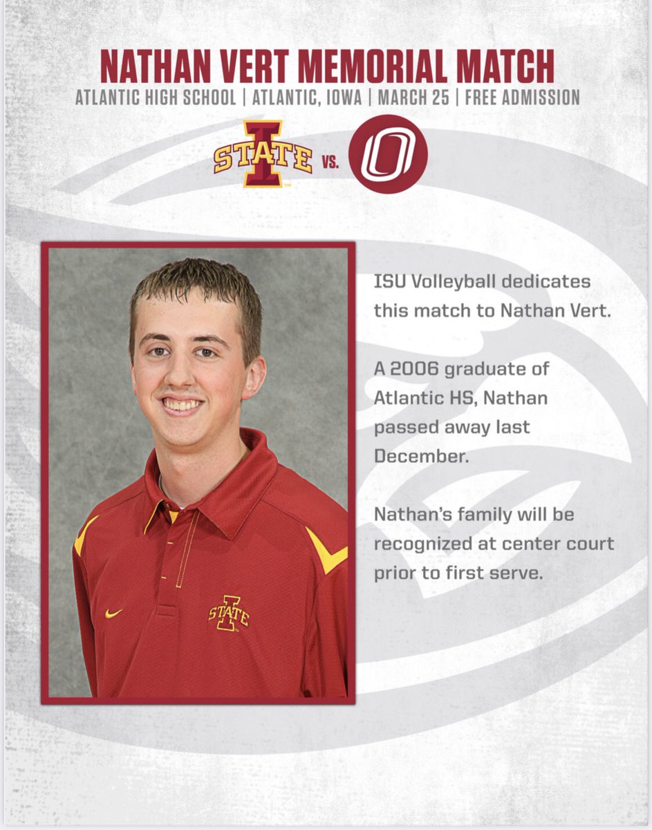 Looking forward to hosting this match and honoring Nathan! Come out and pack AHS gymnasium on March 25th to honor Nathan and catch some really good volleyball!! <a href="/CycloneVB/">Iowa State Volleyball</a>