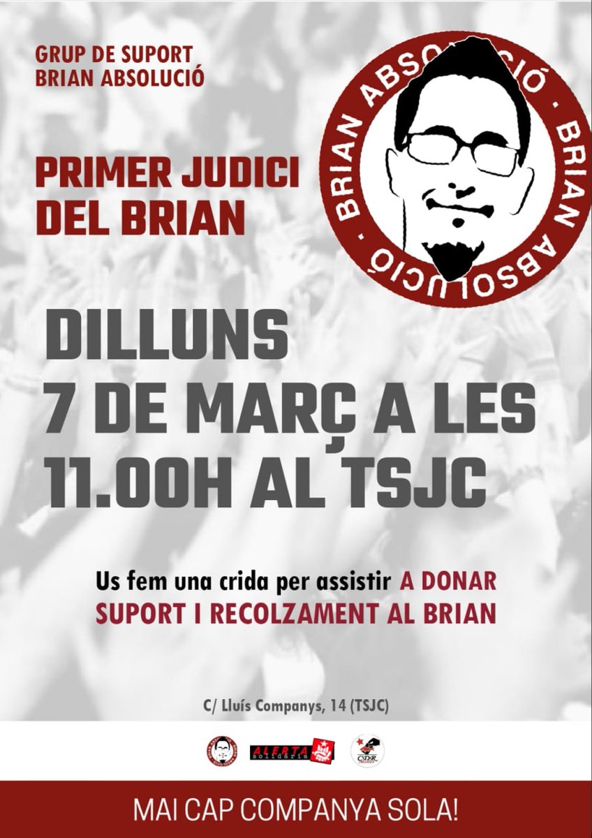 AlertaSolidaria's tweet photo. 📣Demà, doble cita solidària a Barcelona 👇

👉Primer, amb la Marta i contra els agressors espanyolistes
👉Després, amb en Brian i pel dret de manifestació i de protesta

I sempre, per la llibertat dels Països Catalans ✊✊✊✊
@AraResponem @BrianGrup https://t.co/89hNE4jxvr