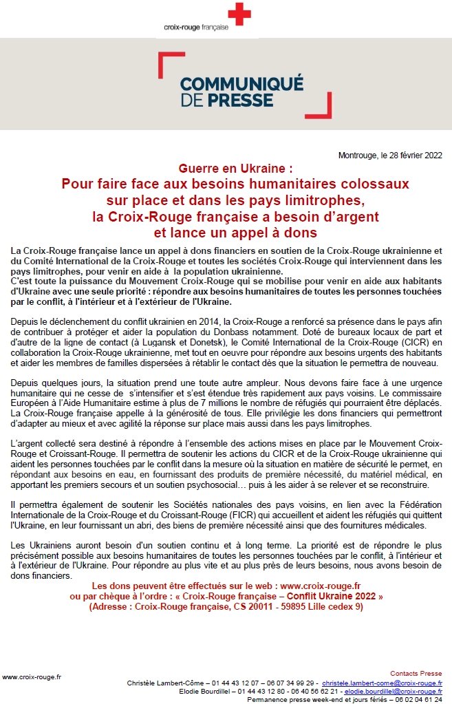 Ukraine : Pour faire face aux besoins humanitaires colossaux la Croix-Rouge française lance un appel à dons. Merci 🙏🤝❣️🇺🇦