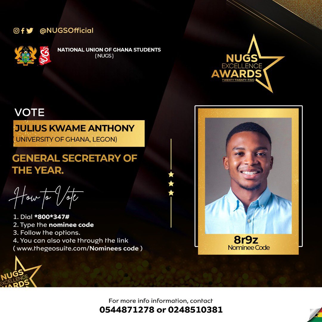 fatheranthoni's tweet photo. I’ve been nominated for four categories in the NUGS Excellence Award. 
1. Student Leader of the Year
2. Student Advocate of the Year
3. Student Personality of the Year
4. General Secretary of the Year. 

Kindly check out the details and vote for me in all the categories.Thanks♟ https://t.co/uqQAUpNWYe