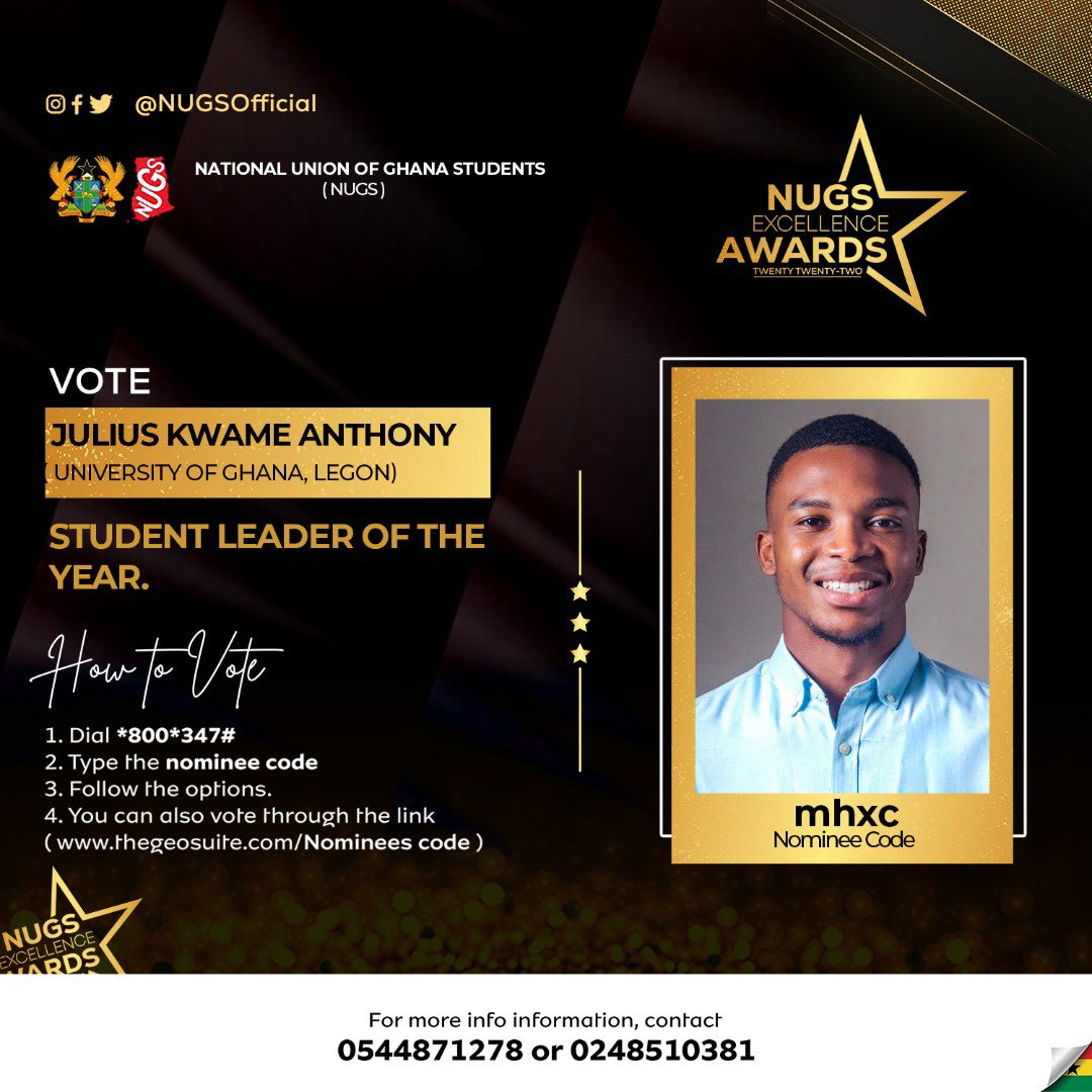 fatheranthoni's tweet photo. I’ve been nominated for four categories in the NUGS Excellence Award. 
1. Student Leader of the Year
2. Student Advocate of the Year
3. Student Personality of the Year
4. General Secretary of the Year. 

Kindly check out the details and vote for me in all the categories.Thanks♟ https://t.co/uqQAUpNWYe