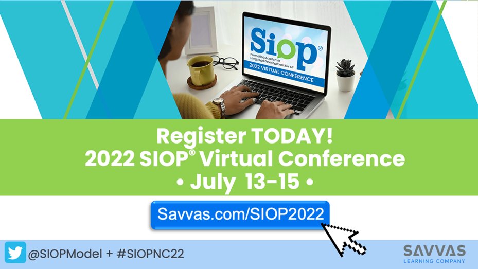 Register Today➡️ Savvas.com/SIOP2022
2022 SIOP® Virtual Conference: July 13-15!
✅ 30+ sessions featuring teaching tips
✅ Keynotes w/ SIOP Authors
✅ Make connections w/ fellow educators supporting multilingual learners
RT
#MLLChat_BkClub #MLLChat #K12 #Edchat #educhat #ELL
