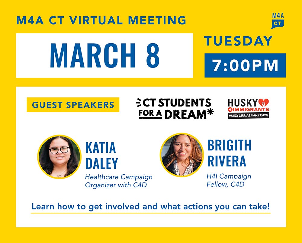 Join us at 7pm this Tuesday, March 8 for our monthly virtual meeting! We'll be joined by Katia Daley and Brigith Rivera of <a href="/ct4adream/">CT Students for a Dream</a> and <a href="/4_husky/">HUSKY 4 Immigrants</a>! 

Register here: us02web.zoom.us/meeting/regist…