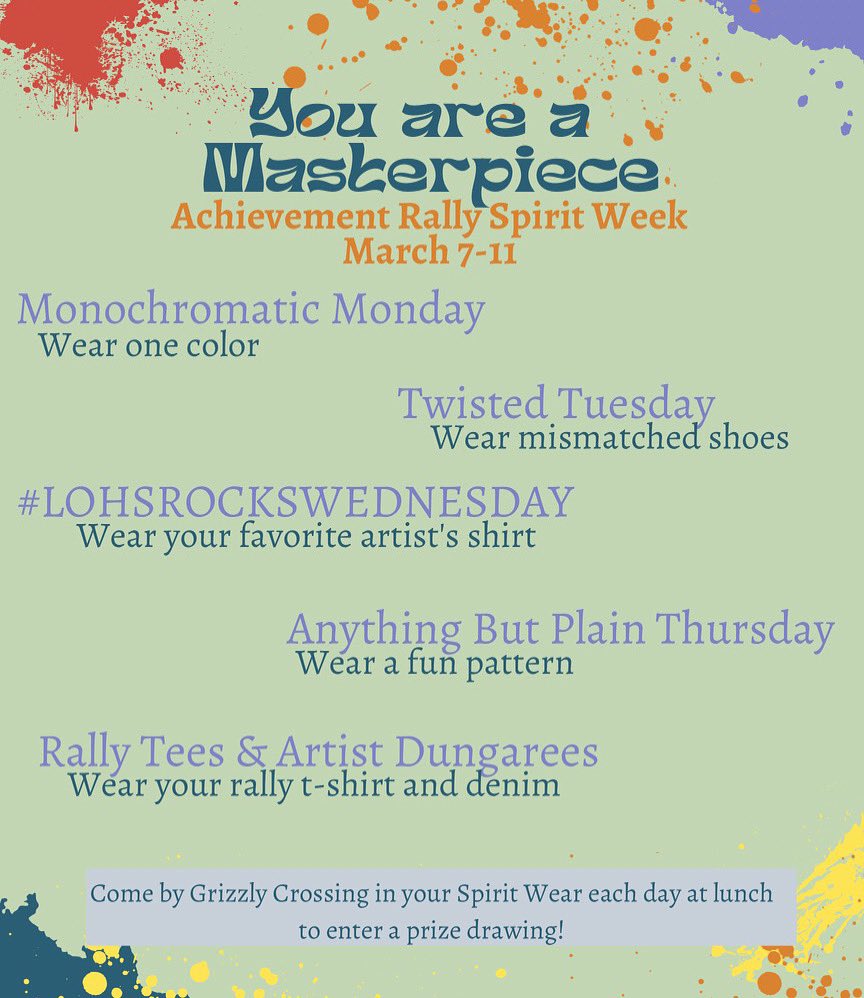 This Friday, March 11, is our
Achievement Rally! So, this week is Rally Spirit Week! We can't wait to see all of your spirit!💙💛