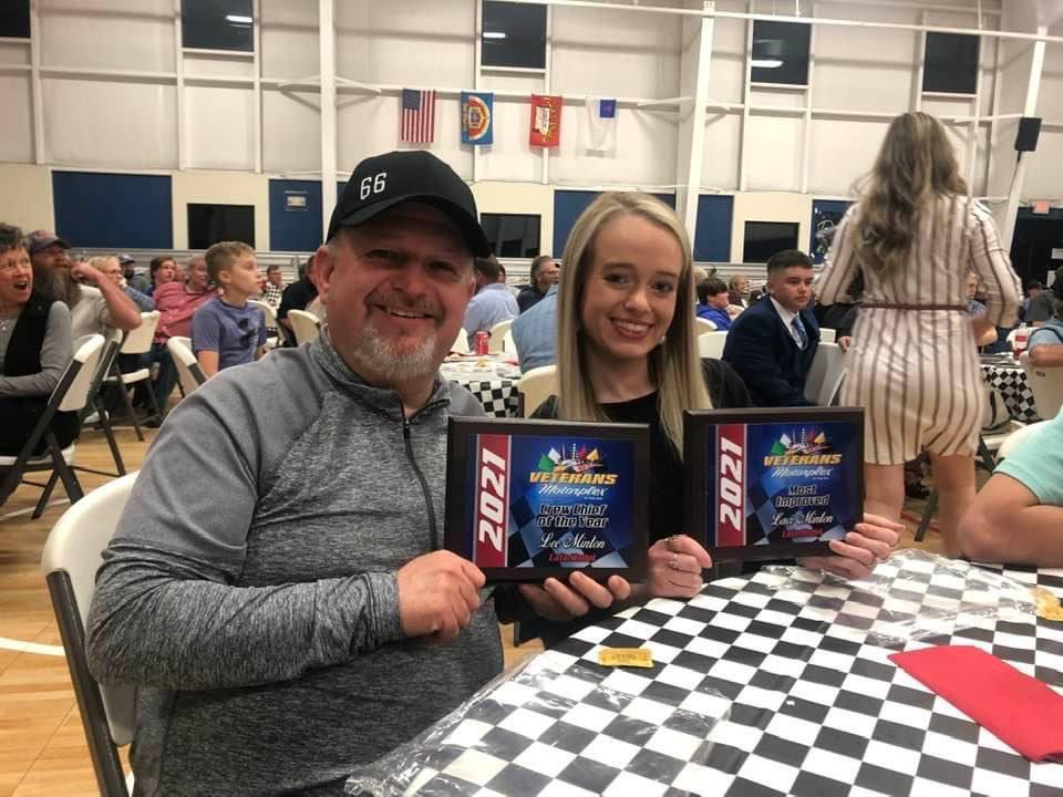 Raceylaci's tweet photo. Had a good time at Highland Rim Speedway banquet last night ended up with 3rd in points and most improved driver! @leeminton10 got crew chief of the year! So thankful for my crew and can’t wait to get this year started with @LiquiMolyUSA! #raceylaci #66in22 #raceylaci https://t.co/5JE7ePnY6M