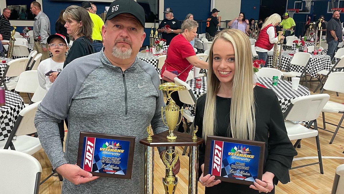 Raceylaci's tweet photo. Had a good time at Highland Rim Speedway banquet last night ended up with 3rd in points and most improved driver! @leeminton10 got crew chief of the year! So thankful for my crew and can’t wait to get this year started with @LiquiMolyUSA! #raceylaci #66in22 #raceylaci https://t.co/5JE7ePnY6M