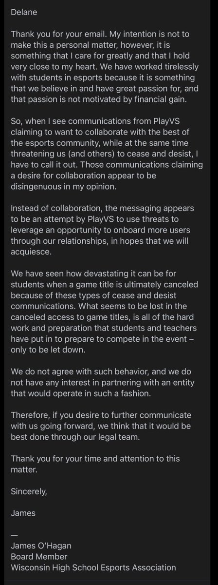 The above email from Delane was in response to email <a href="/WIHSesports/">Wisconsin High School Esports Association</a> board member composed.