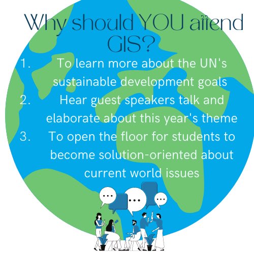 The Global Issues Summit is inching closer so get ready! Above are some of just many listed reasons as to why YOU should attend the upcoming summit in April. Come join us so that you and your friends can partake in this amazing experience! #GIS