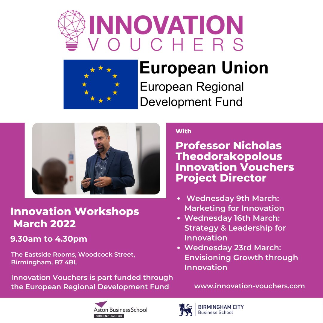 It’s the final series of Innovation Workshops. Join leading academics from Aston Business School &amp; Birmingham City University to grow your business

👉 Register here: is.gd/v6KZv6
📅 9th, 16th &amp; 23rd March
⏰ 9.30am to 4.30pm
📍 Eastside Rooms, B'ham, B7 4BL
#brumhour