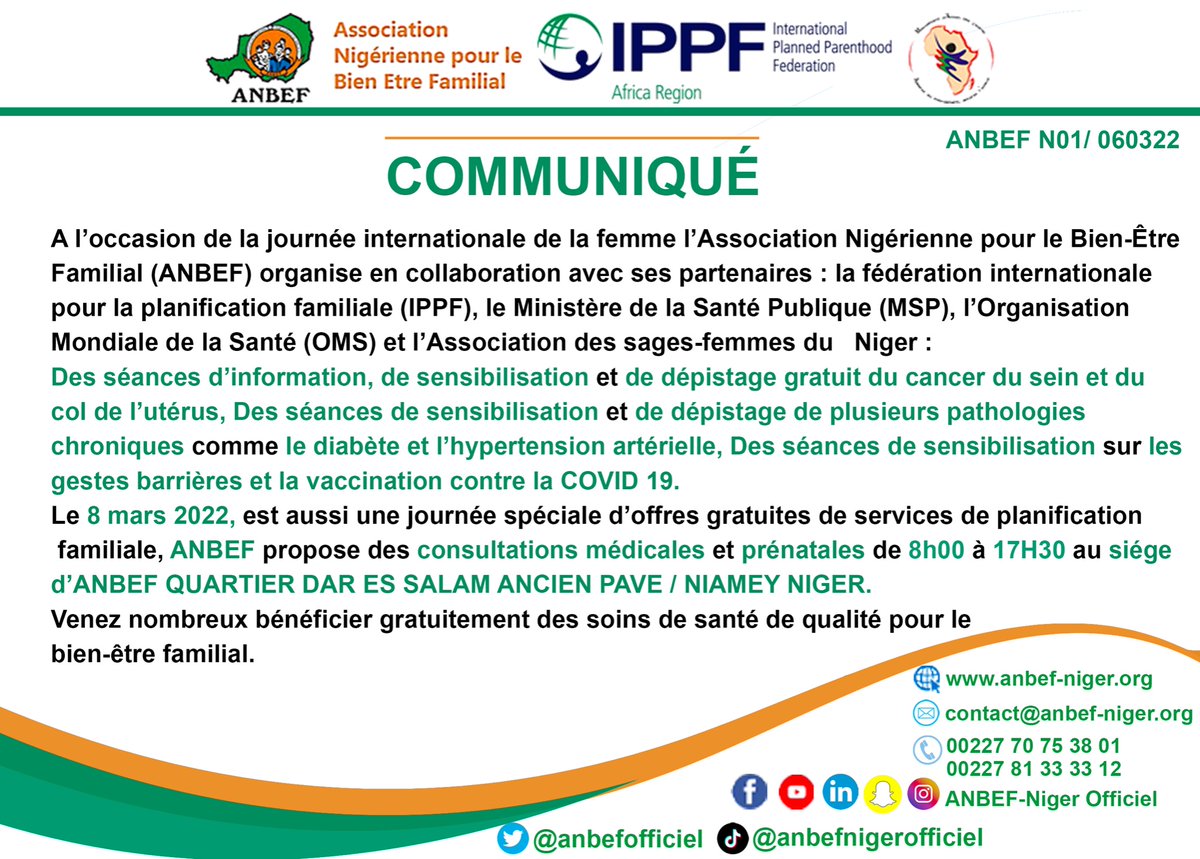 AnbefOfficiel's tweet photo. 👉🏾 https://t.co/ce5oNYYSuO
#Communiqué
#JournéeInternationaleDeLaFemme
Pour plus d’information 👉🏾https://t.co/PjzFP7dEEH
#ANBEF
IPPF Africa Region https://t.co/y2HATzOzMi