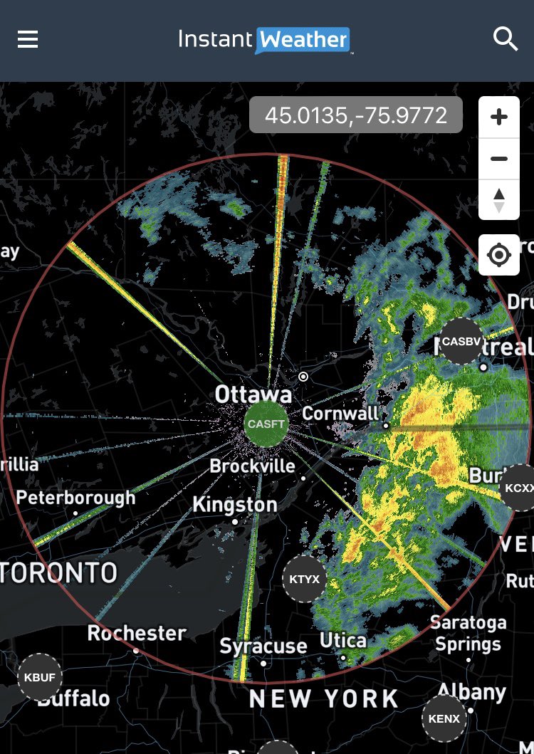 AdamSkinnerWX's tweet photo. Working on RF beam filtering for Canadian S-Band radar! This will be included with our upcoming IW Pro radar app. Hereβs the before & after shots. Bye bye laser show. π π #onstorm #casft https://t.co/iyqM47XAkj