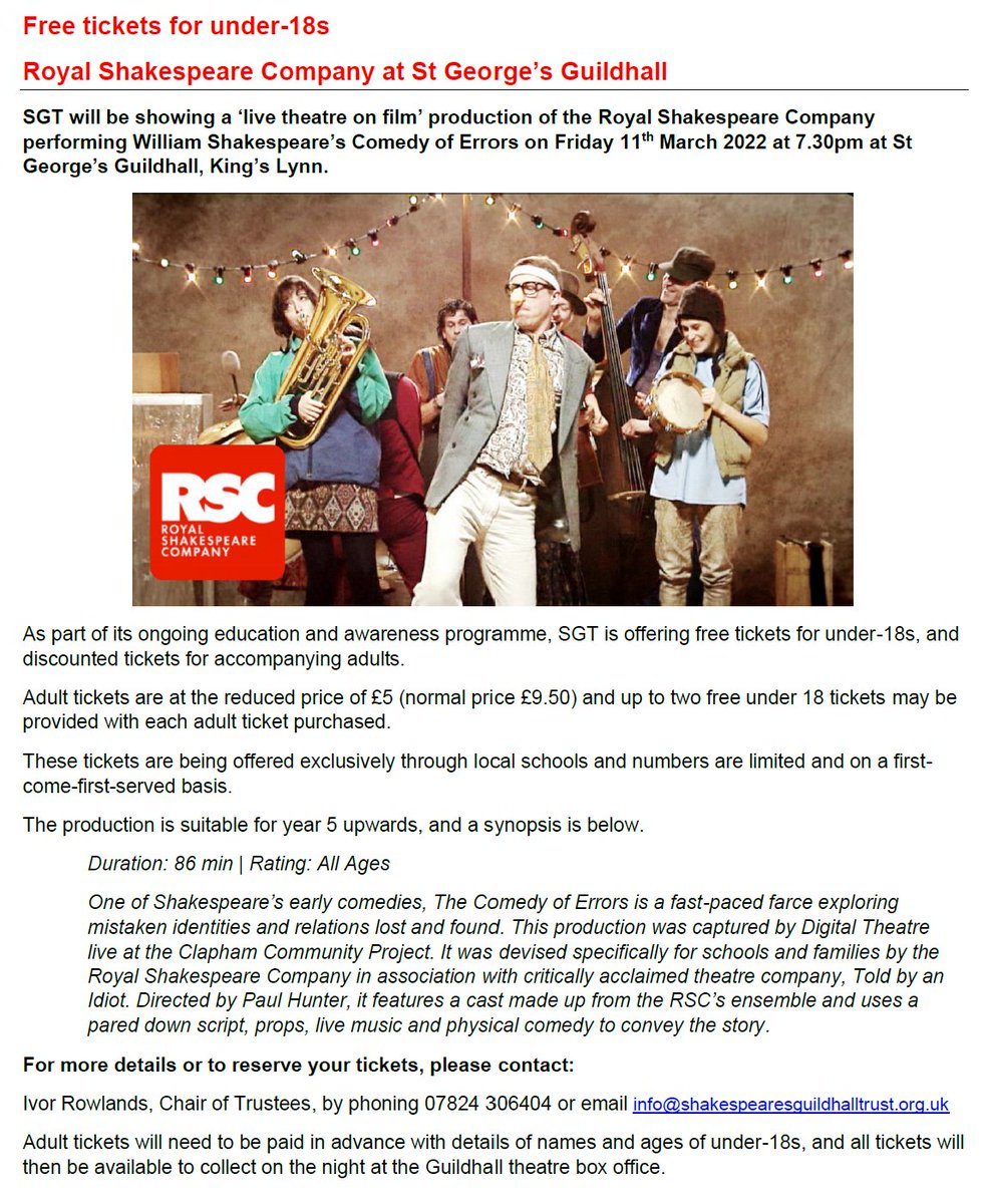 Free #shakespeare for under-18s from 
<a href="/TheRSC/">The RSC</a> &amp; <a href="/DigitalTheatre/">Digital Theatre</a> at the world's only surviving Shakespearean theatre. 
Friday 11 March at St George's Guildhall. Email or phone to secure your free tickets. <a href="/s4kidz/">Shakespeare 4 Kidz</a> <a href="/SHSKingsLynn/">Springwood School</a> <a href="/kesacademy/">KES Academy</a> <a href="/klAcademy/">Kings Lynn Academy</a> @StClements <a href="/Smithdon_High/">Smithdon High School</a>