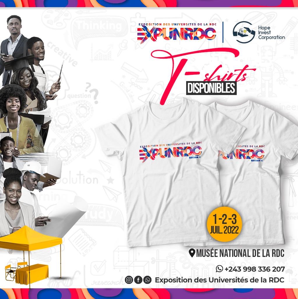 Procurez-vous dès maintenant votre T-shirt EXPUNRDC 6, à un prix promotionnel et tentez de gagner une place premium à la cérémonie de clôture de cette édition.
contact : + 243 998 33 62 07