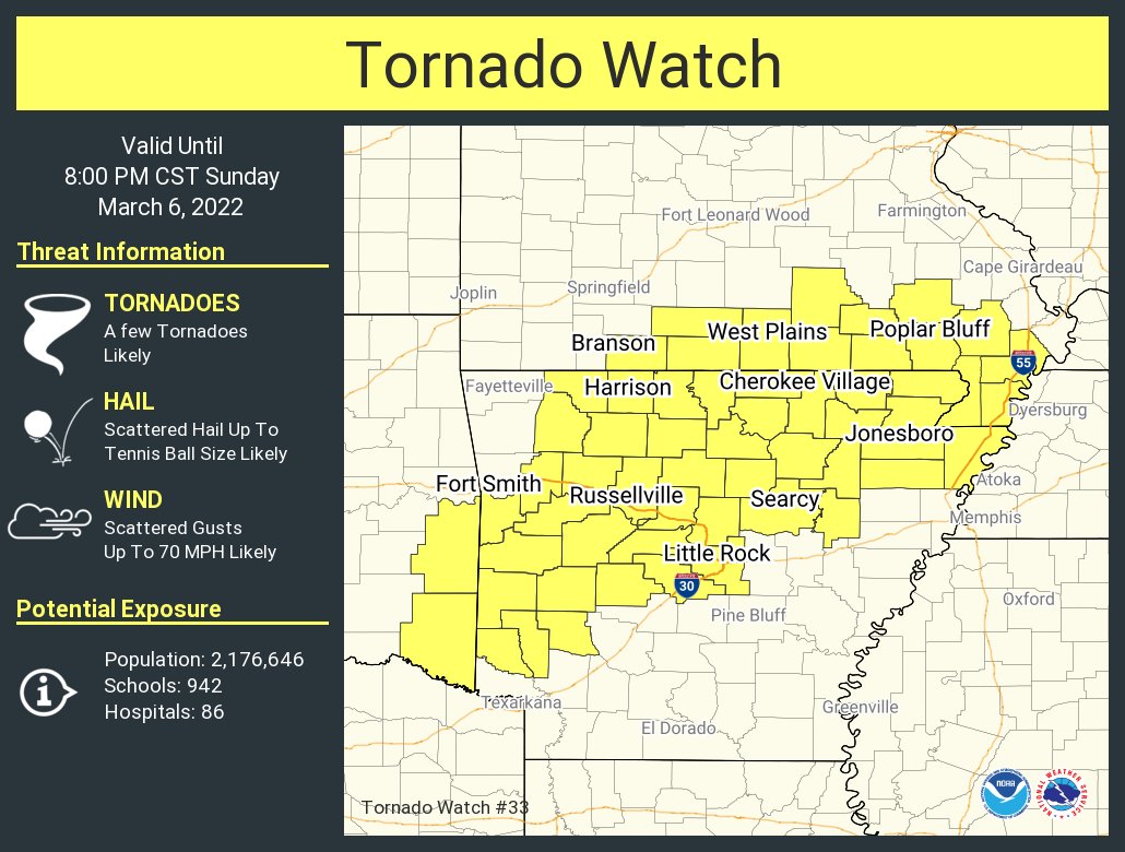 A tornado watch has been issued for parts of Arkansas, Missouri and Oklahoma until 8 PM CST